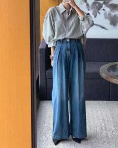 Quần jean ống rộng phối áo sơ mi nữ