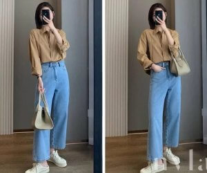 Quần jean ống rộng phối áo sơ mi nữ